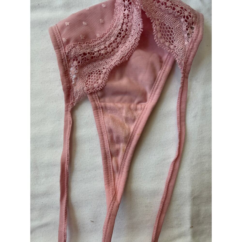 Maidenform Pink Mesh Lace Thong Size L Sheer Polka Dot Detail - Picture 3 of 4